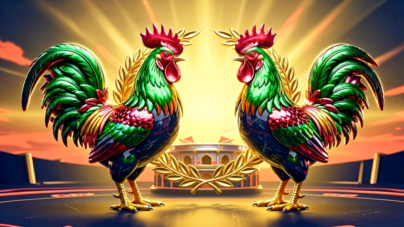နေဝင်ရောင်နောက်ခံ arena ရှေ့တွင် မျက်နှာချင်းဆိုင် ရပ်နေသော အစိမ်း၊ အနီ အမွေးရောင် ကြက်နှစ်ကောင်နှင့် ရွှေရောင် ဆုပန်းကိုင်း