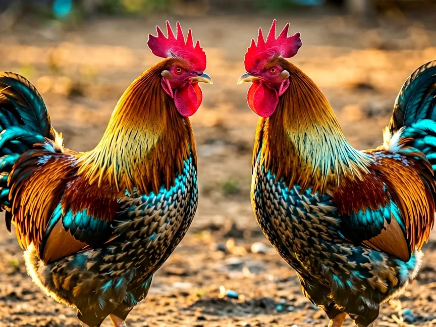 မြေကြီးပြင်ပေါ်တွင် မျက်နှာချင်းဆိုင် ရပ်နေသော လိမ္မော်ရွှေရောင် လည်ပင်းမွေးနှင့် အပြာစိမ်း အမြီးမွေးပါ ကြက်ဖ နှစ်ကောင်