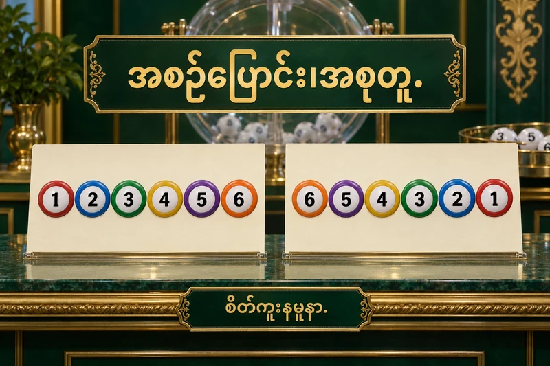 မဲနှိုက်စက်ဘေးတွင်1 မှ6 အထိနှင့်6 မှ1 အထိပြောင်းစီထားသောထီနမူနာကတ်နှစ်ခုကိုမြန်မာစာဖြင့်ခွဲပြထားပုံ