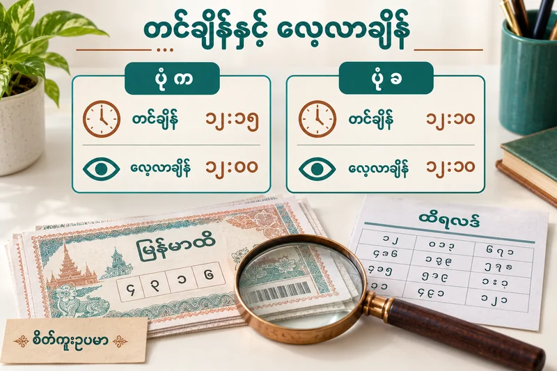 တင်ချိန်နှင့် လေ့လာချိန် မတူနိုင်ကြောင်း ထီလက်မှတ်ဘေးတွင် ရှင်းပြထားသော စိတ်ကူးပုံ